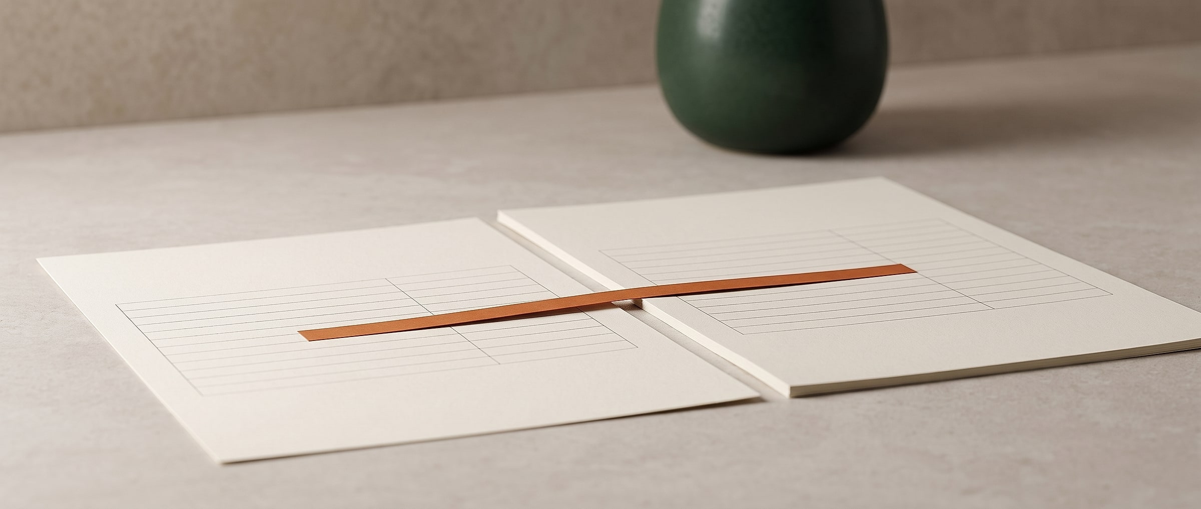 Zwei Blatt Papier liegen nebeneinander auf einem Steintisch, ein orangefarbener Papierstreifen verbindet je eine Zeile